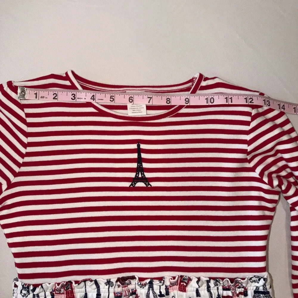 Gymboree Dress Girls Sz 12 Red Blue Fit & Flare Eiffel Tower Paris Frenchie